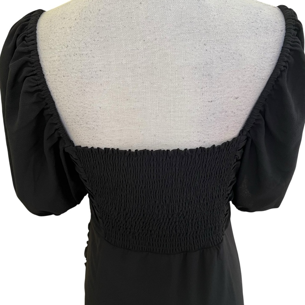 French Connection "Afina" Black Ruched Puff Sleeve Midi Dress with Slit M - Picture 12 of 15